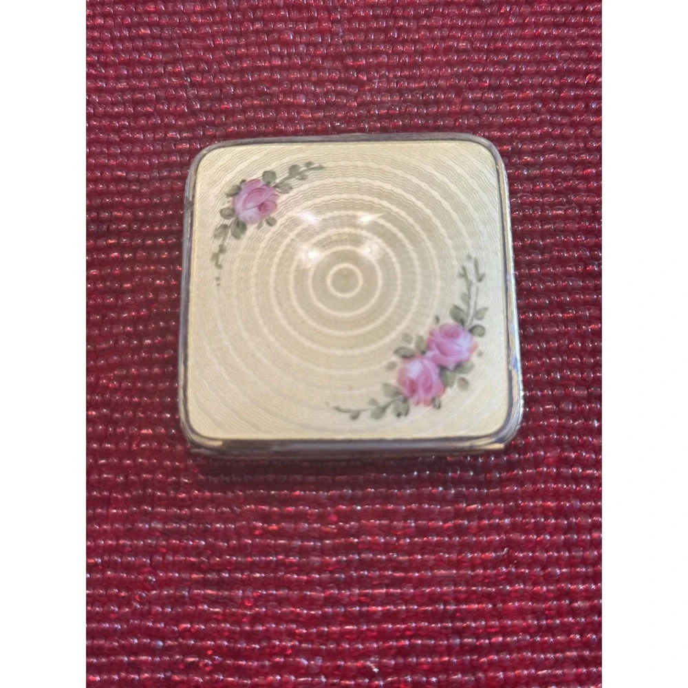 Vintage Guilloche Enamel Powder Compact Pink Roses Floral Mirror Vanity Case